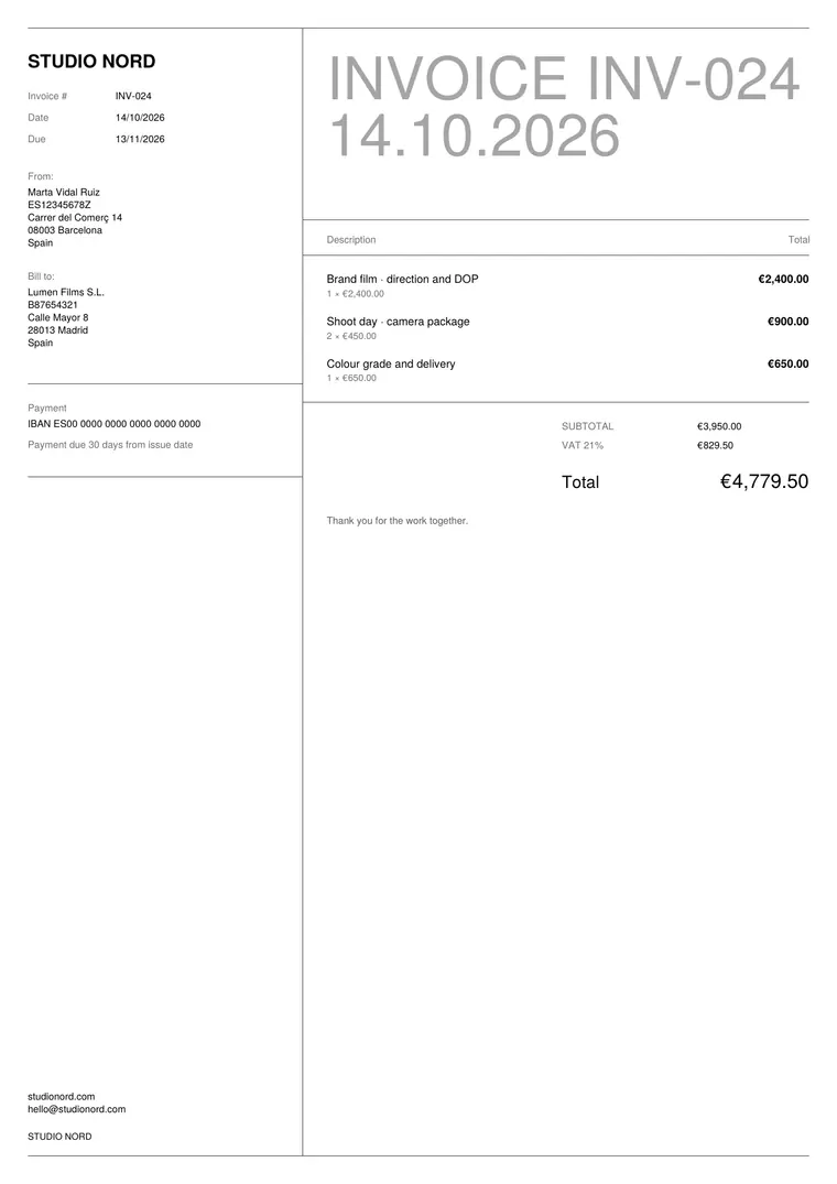 Invoice in the Split design