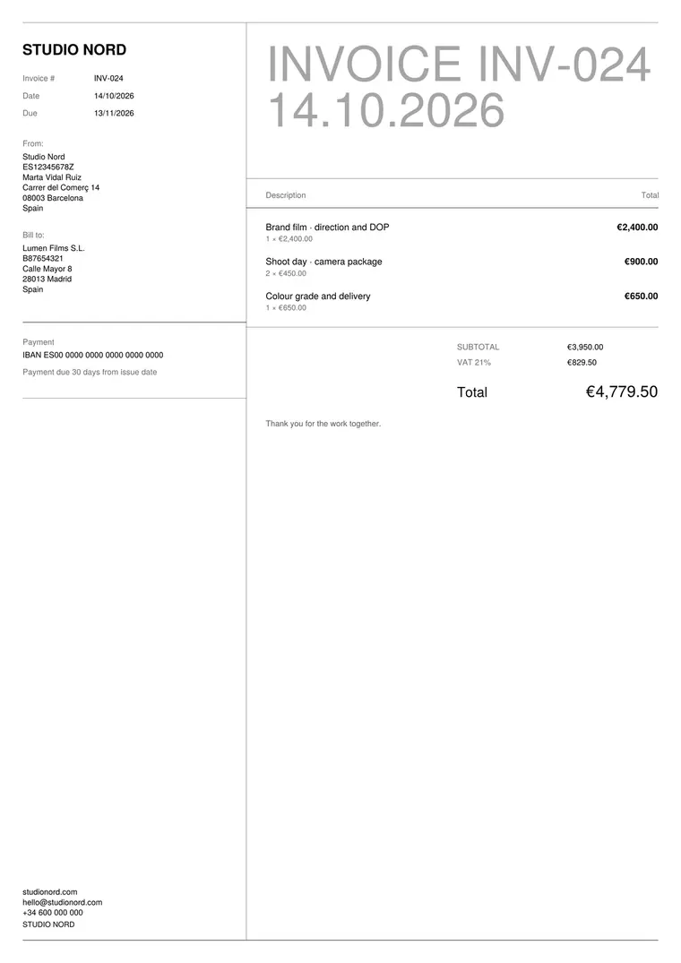 Invoice in the Split design