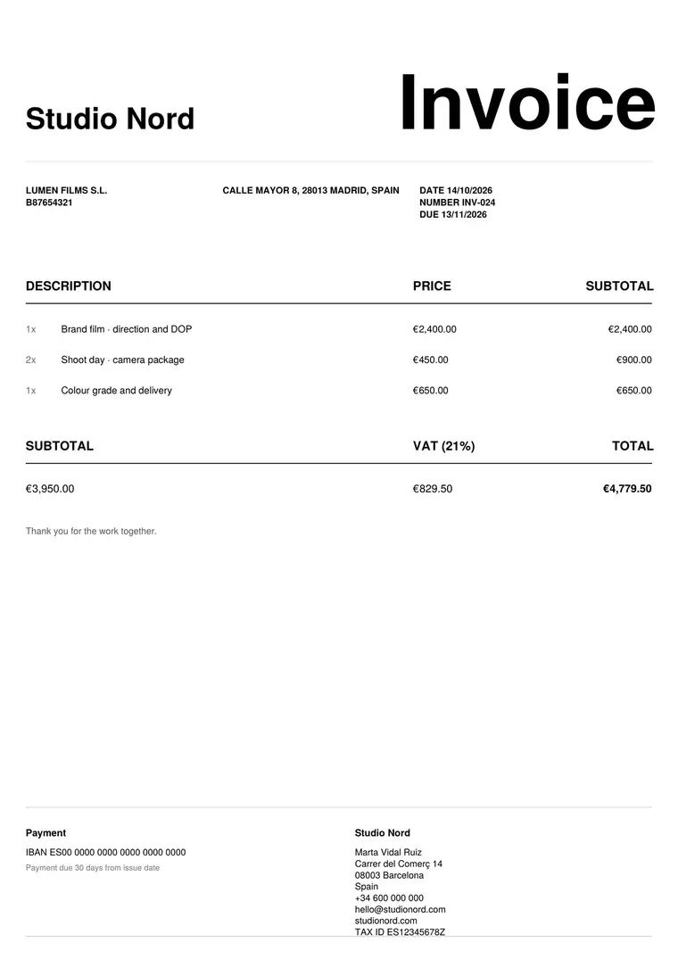 Invoice in the Studio design
